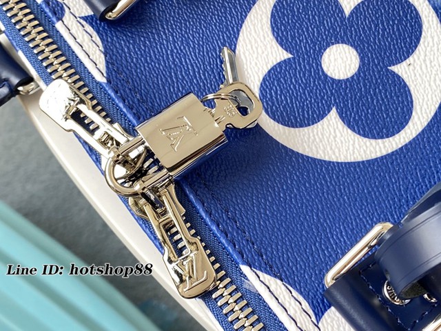 路易威登LV旅行包 M45121藍色 Keepall Bandoulière 50旅行袋 LV大字絲印印染男士旅行袋枕頭包 xxlv2625